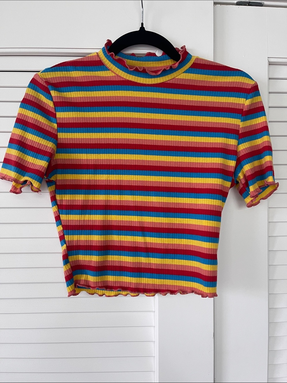 Rainbow Striped Ribbed Crop Top - Short Sleeve